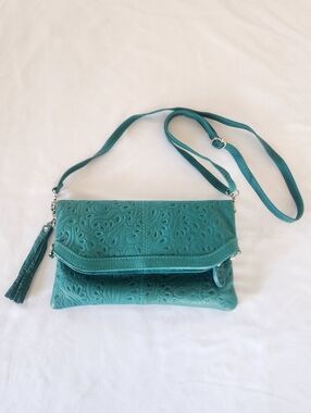 Italian Teal Green Embossed Soft Tooled Leather Bifold Crossbody Purse